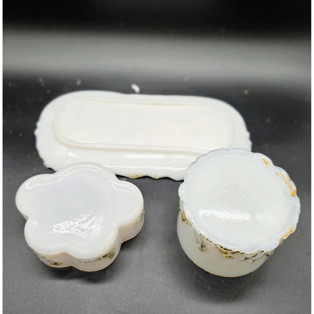 Antique Dithridge EAPG Milk Glass Vanity Set Powder Jar Trinket Box Tray 9